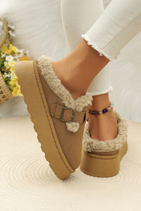 Plush Faux Fur Platform Buckle Strap Slippers