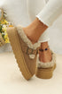 Plush Faux Fur Platform Buckle Strap Slippers