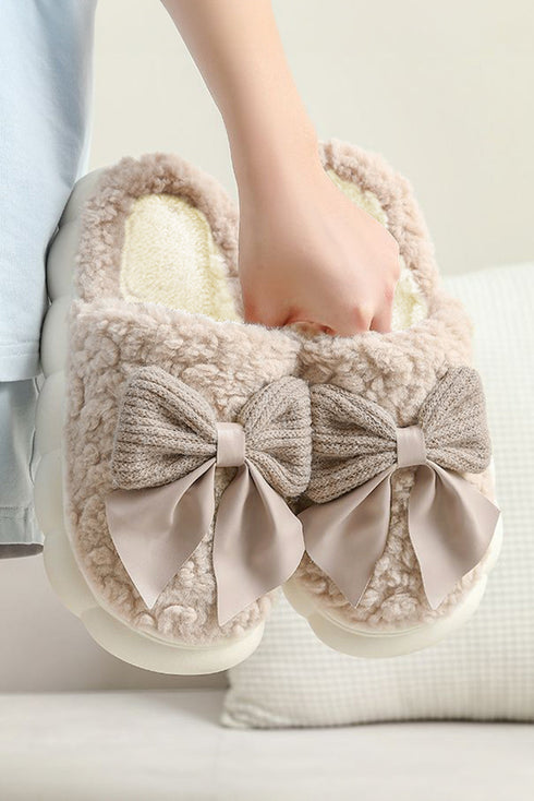 Plush Fleece Bowknot Applique Warm House Slippers