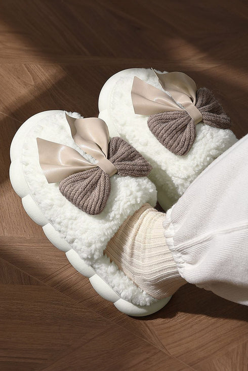 Plush Fleece Bowknot Applique Warm House Slippers