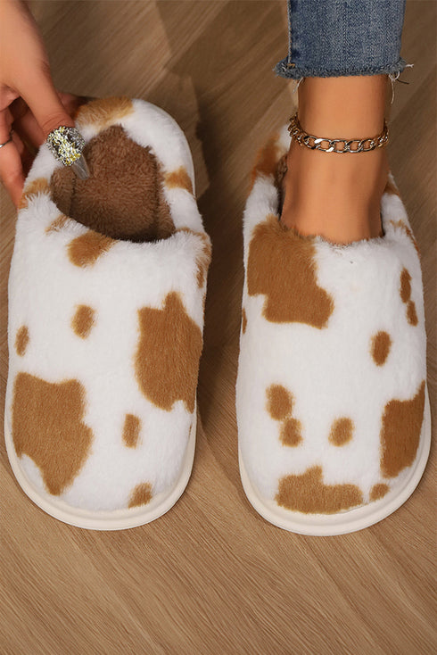 Plush Fleece Cow Spot Patterned Open Back House Slippers