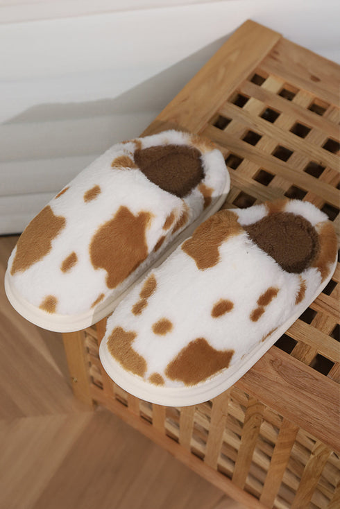 Plush Fleece Cow Spot Patterned Open Back House Slippers