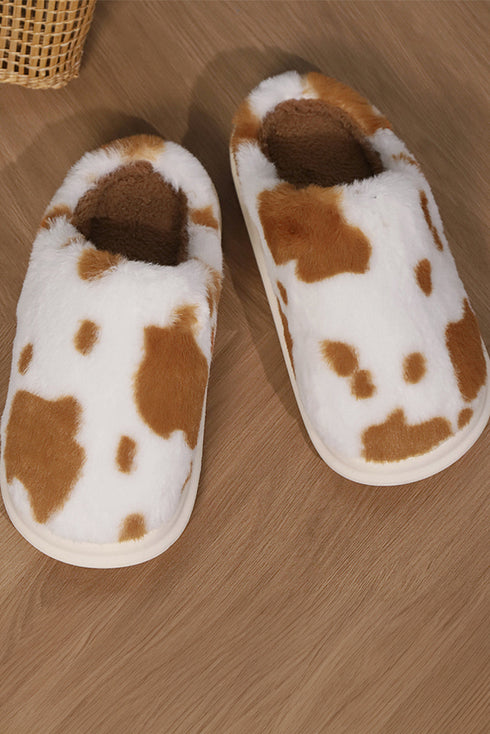 Plush Fleece Cow Spot Patterned Open Back House Slippers
