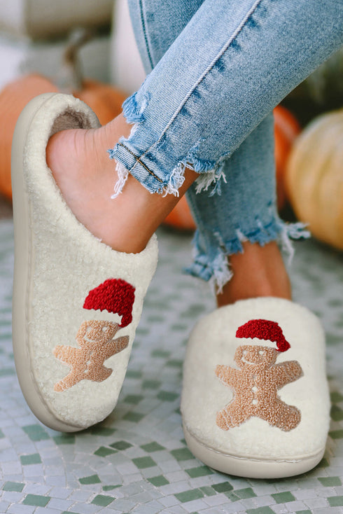 Plush Fleece Gingerbread Motif Slip On House Slippers