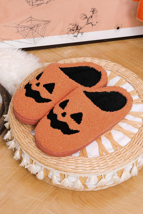 Plush Fleece Jack O Lantern Graphic House Slippers