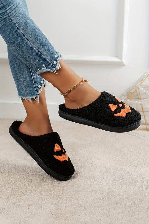 Plush Fleece Jack O Lantern Graphic House Slippers