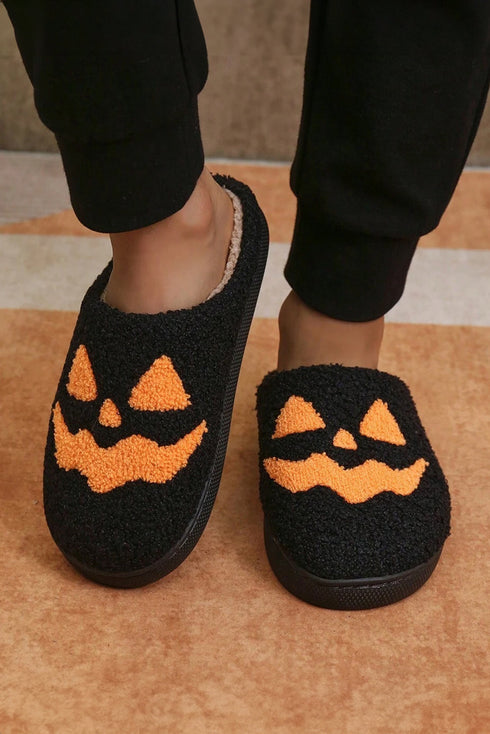 Plush Fleece Jack O Lantern Graphic House Slippers