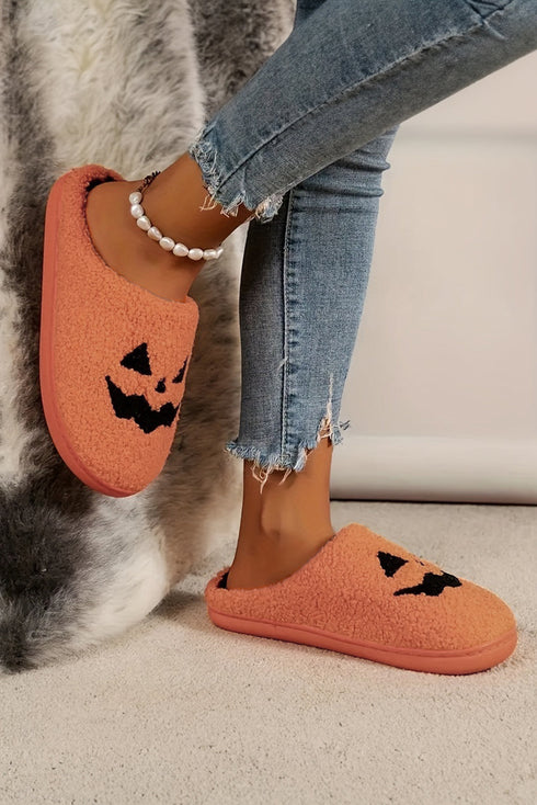 Plush Fleece Jack O Lantern Graphic House Slippers
