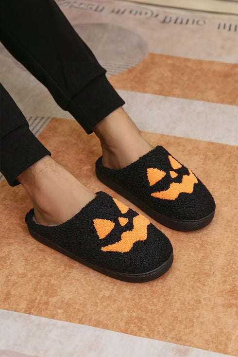 Plush Fleece Jack O Lantern Graphic House Slippers