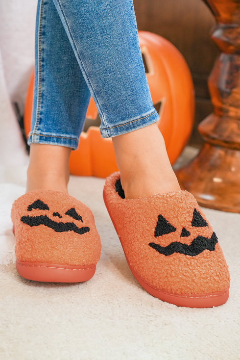 Plush Fleece Jack O Lantern Graphic House Slippers