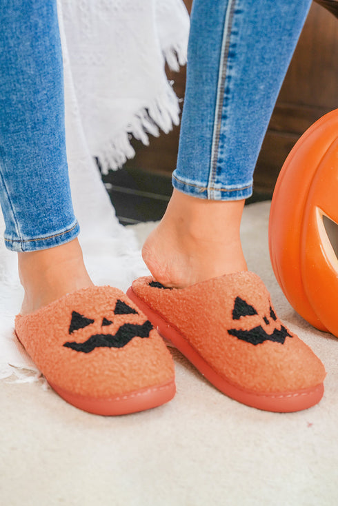 Plush Fleece Jack O Lantern Graphic House Slippers