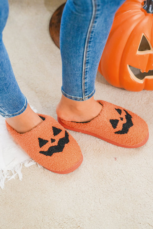 Plush Fleece Jack O Lantern Graphic House Slippers