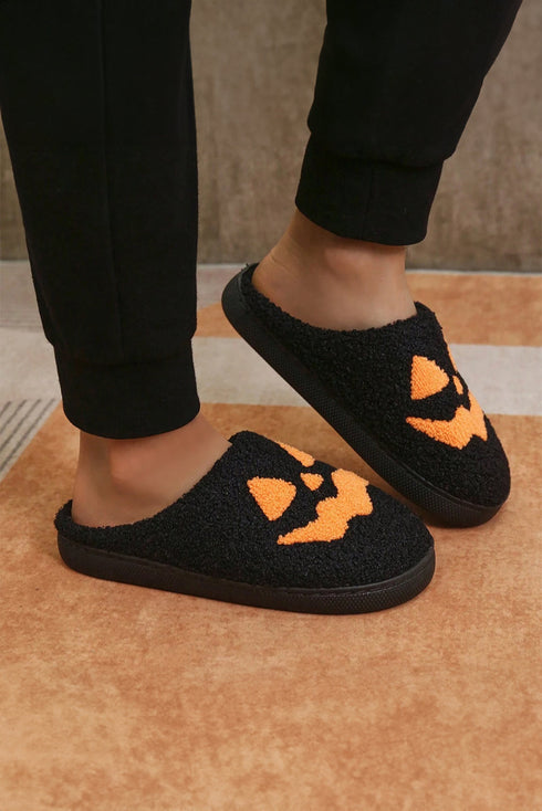 Plush Fleece Jack O Lantern Graphic House Slippers