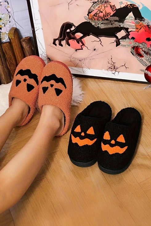 Plush Fleece Jack O Lantern Graphic House Slippers