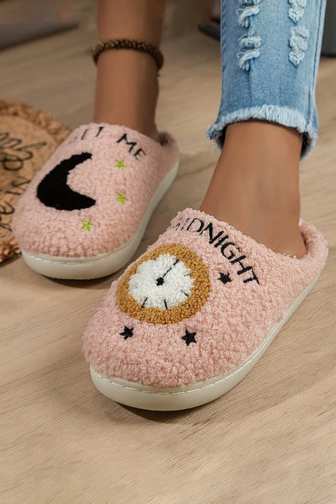 Plush Fleece Moon And Clock Pattern Bedroom Slippers