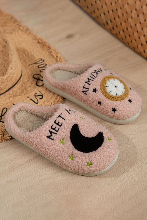Plush Fleece Moon And Clock Pattern Bedroom Slippers