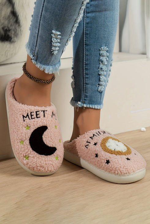 Plush Fleece Moon And Clock Pattern Bedroom Slippers