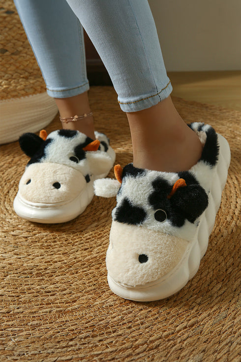 Plush Fleece Novelty Cow Design Thick Sole Slippers
