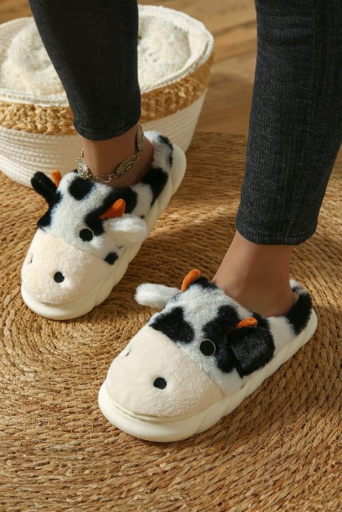 Plush Fleece Novelty Cow Design Thick Sole Slippers