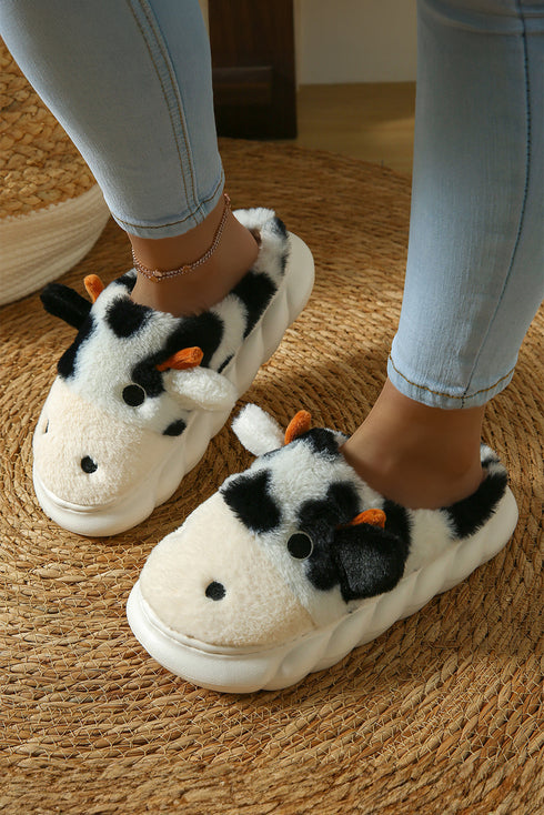 Plush Fleece Novelty Cow Design Thick Sole Slippers