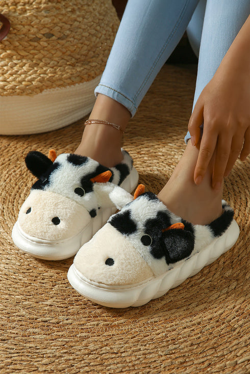 Plush Fleece Novelty Cow Design Thick Sole Slippers