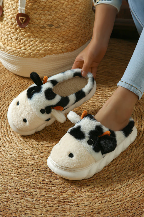 Plush Fleece Novelty Cow Design Thick Sole Slippers