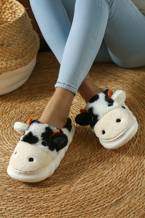 Plush Fleece Novelty Cow Design Thick Sole Slippers