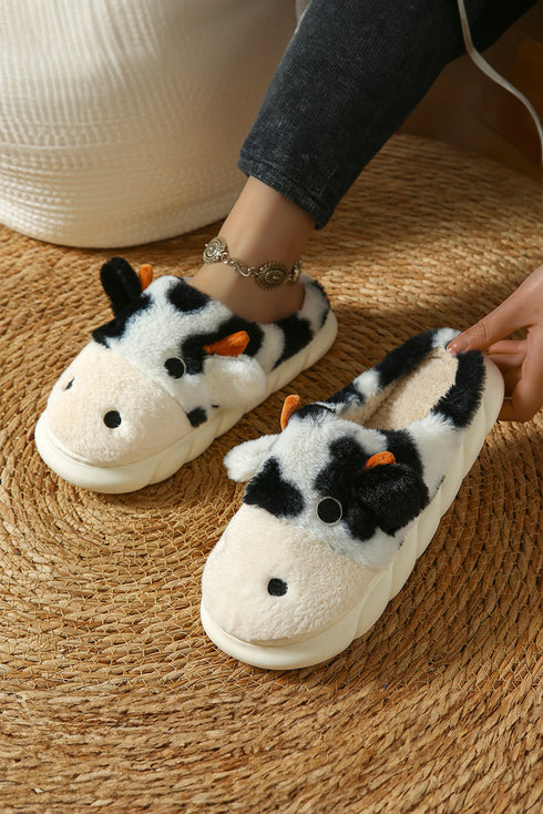 Plush Fleece Novelty Cow Design Thick Sole Slippers