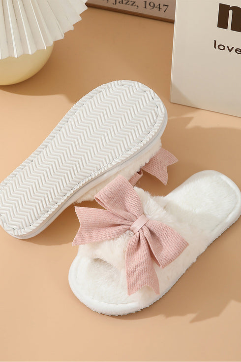 Plush Fleece Open Toe Bow Knot Detail Flat Slippers