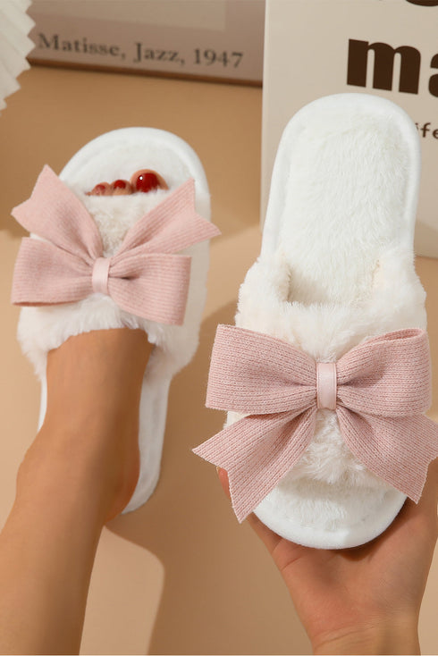Plush Fleece Open Toe Bow Knot Detail Flat Slippers