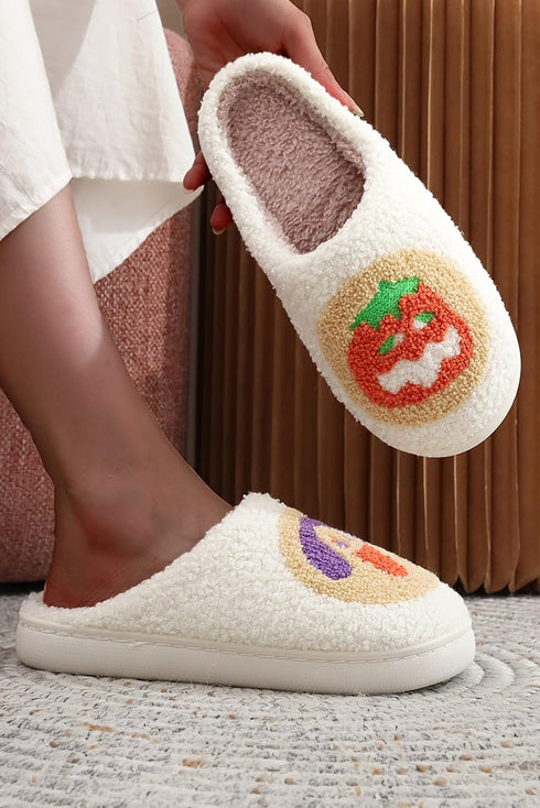 Plush Fleece Pumpkin Face Slip On House Slippers