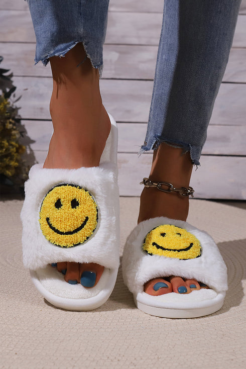 Plush Fleece Round Toe Smile Graphic Slippers