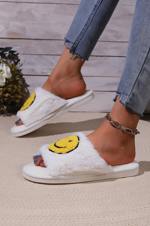 Plush Fleece Round Toe Smile Graphic Slippers