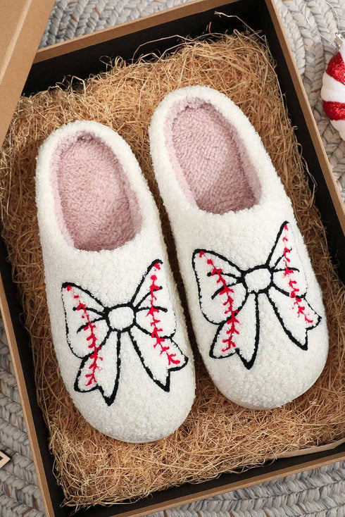 Plush Fleece Rugby Detail Bow Warm Bootie Slippers