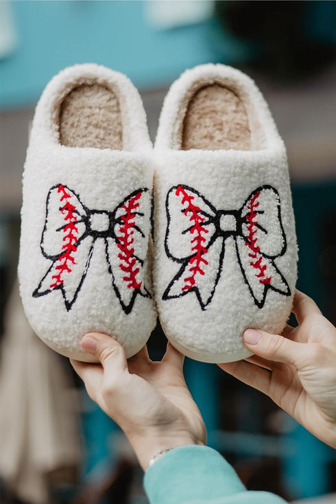 Plush Fleece Rugby Detail Bow Warm Bootie Slippers