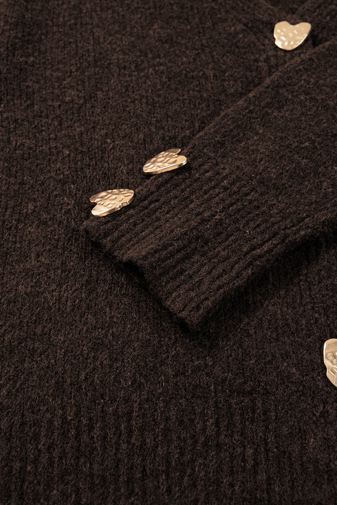 Plush Knit Heart Button V Neck Cardigan
