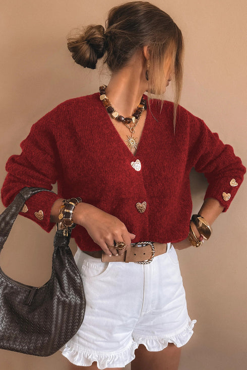 Plush Knit Heart Button V Neck Cardigan