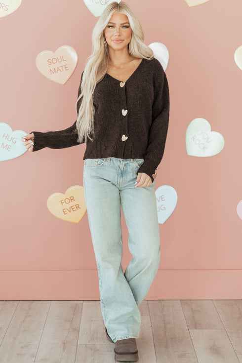 Plush Knit Heart Button V Neck Cardigan