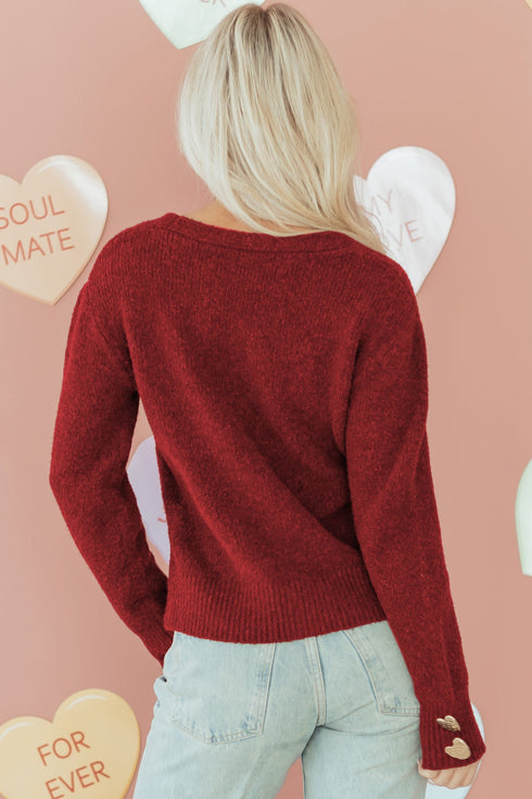 Plush Knit Heart Button V Neck Cardigan