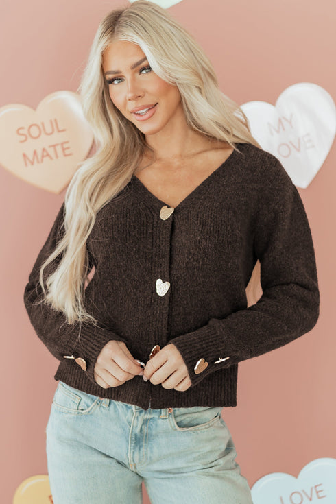 Plush Knit Heart Button V Neck Cardigan