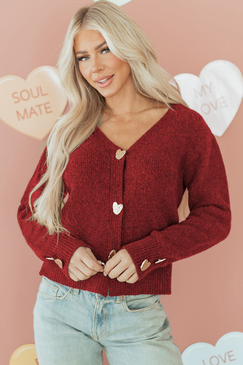 Plush Knit Heart Button V Neck Cardigan