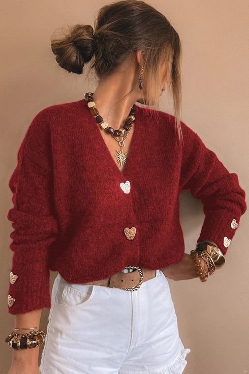 Plush Knit Heart Button V Neck Cardigan