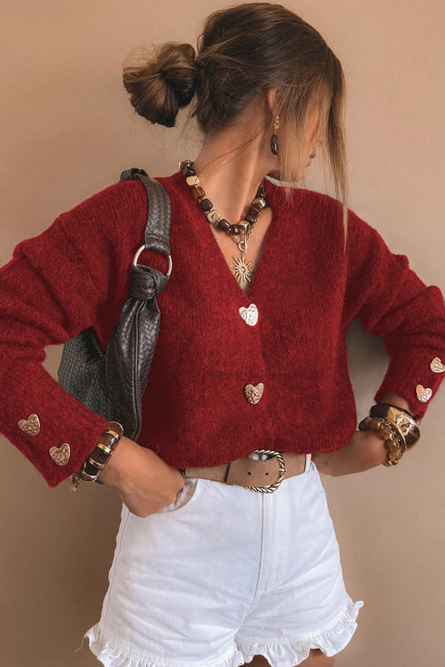 Plush Knit Heart Button V Neck Cardigan