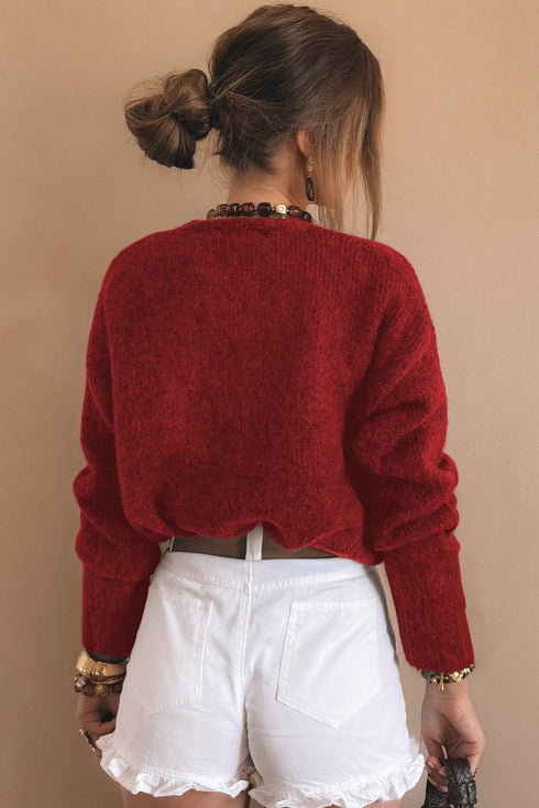 Plush Knit Heart Button V Neck Cardigan