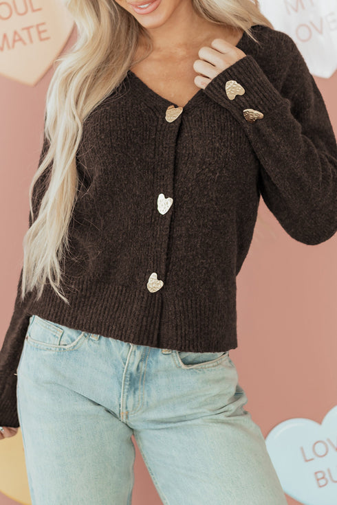 Plush Knit Heart Button V Neck Cardigan