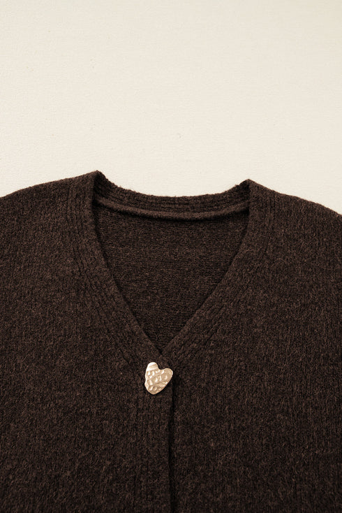 Plush Knit Heart Button V Neck Cardigan