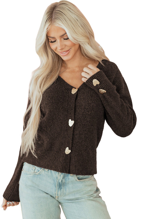 Plush Knit Heart Button V Neck Cardigan