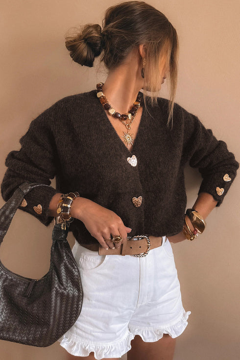 Plush Knit Heart Button V Neck Cardigan