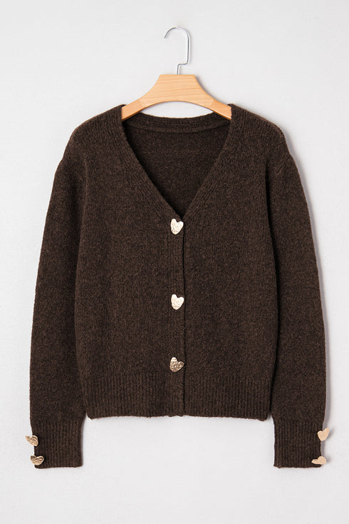 Plush Knit Heart Button V Neck Cardigan