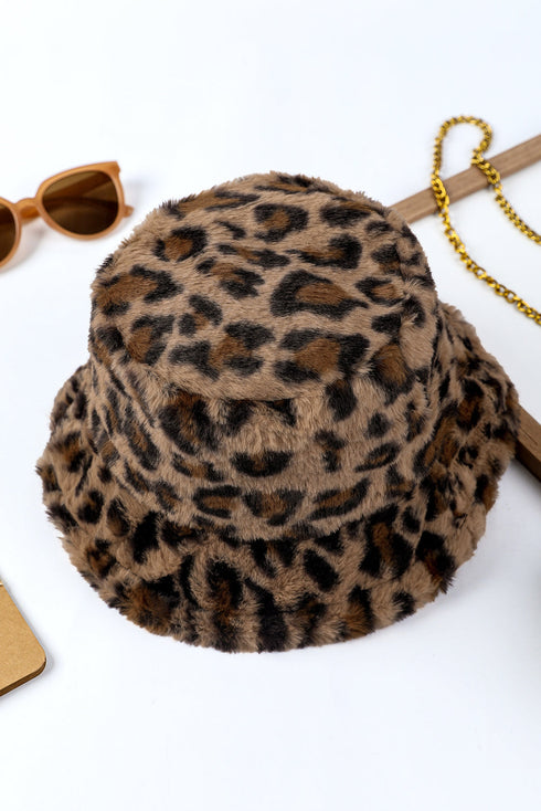 Plush Leopard Print Wide Brim Rabbit Hair Fisherman Hat
